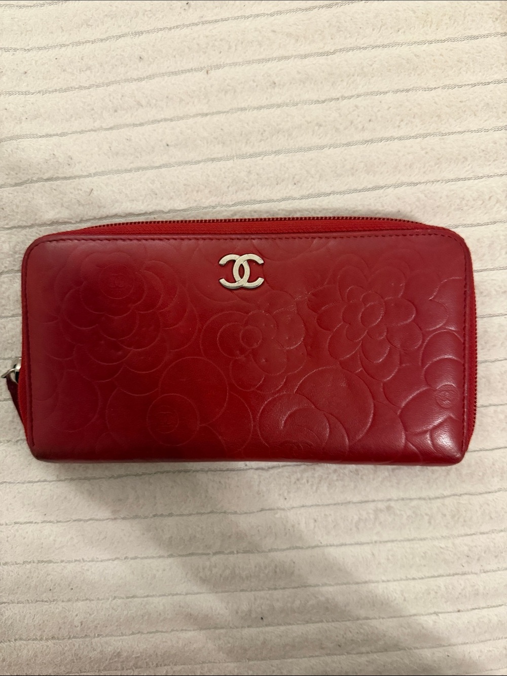 CHANEL Red Quilted Camellia Zip-Around Wallet with Silver CC